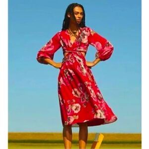 Ranna Gil floral side cuts midi dress NWT